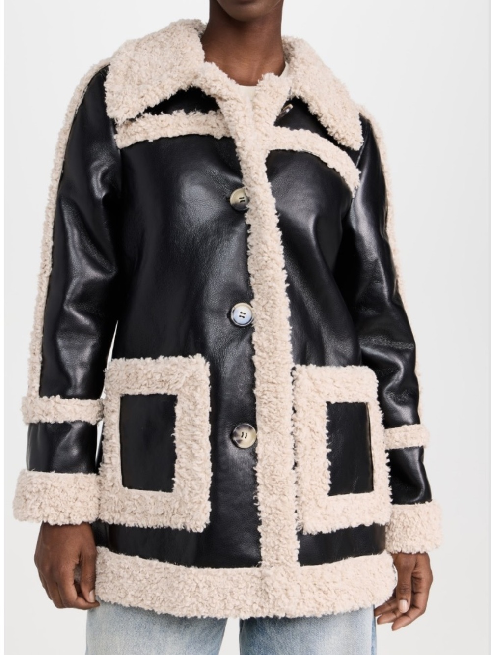 7 For All Mankind Faux Shearling Black Cream Faux Leather Longline Jacket NEW - Picture 6 of 11